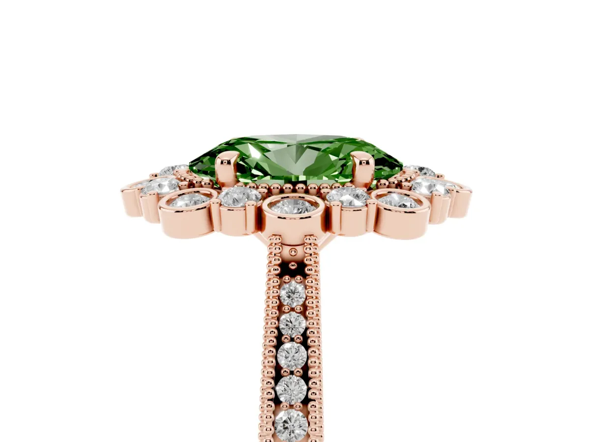 Fancy Green Oval Cut Halo Milgrain Pave Diamond Ring with Four-Prong Setting Rose gold