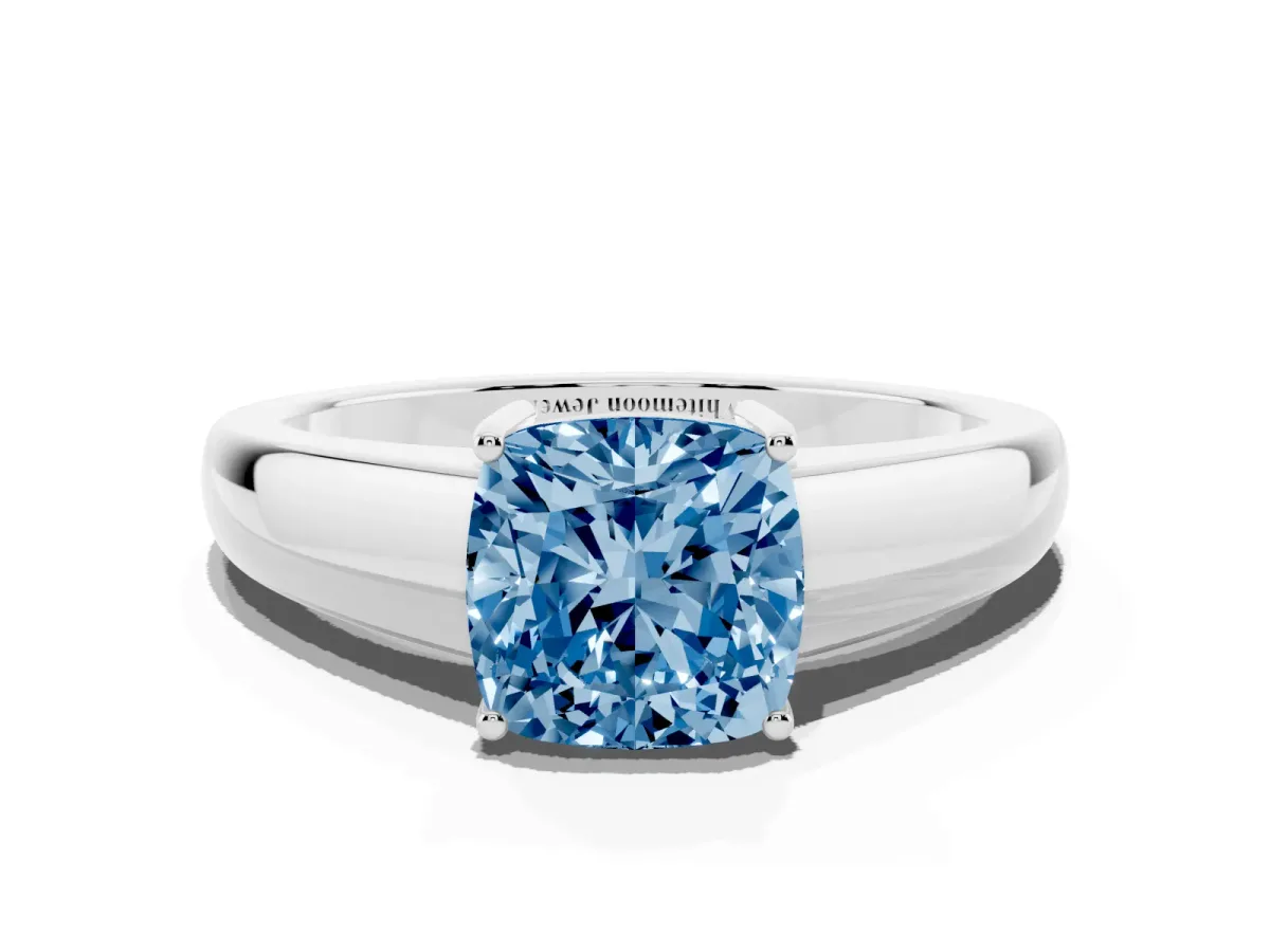 Fancy Blue Cushion Cut Solitaire Diamond Ring with Tapered Band and Four-Prong Setting Platinum