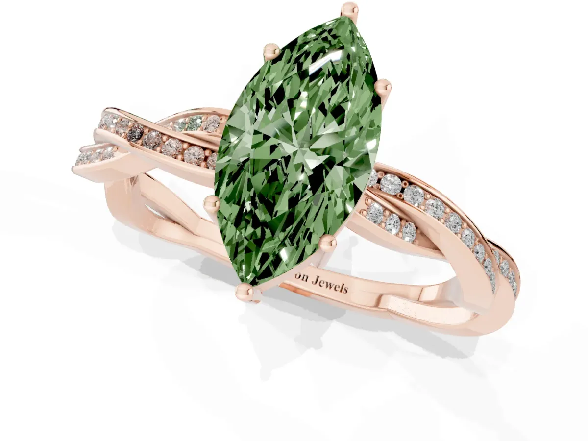 Fancy Green Marquise Cut Solitaire Twisted Pave Diamond Ring with Four-Prong Setting Rose gold