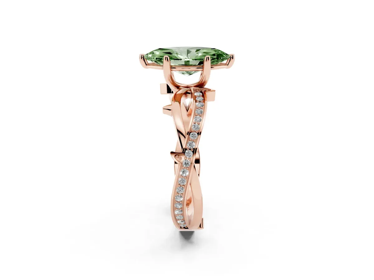 Fancy Green Marquise Cut Solitaire Twist Band with Pavé Accents and Four-Prong Setting Rose gold