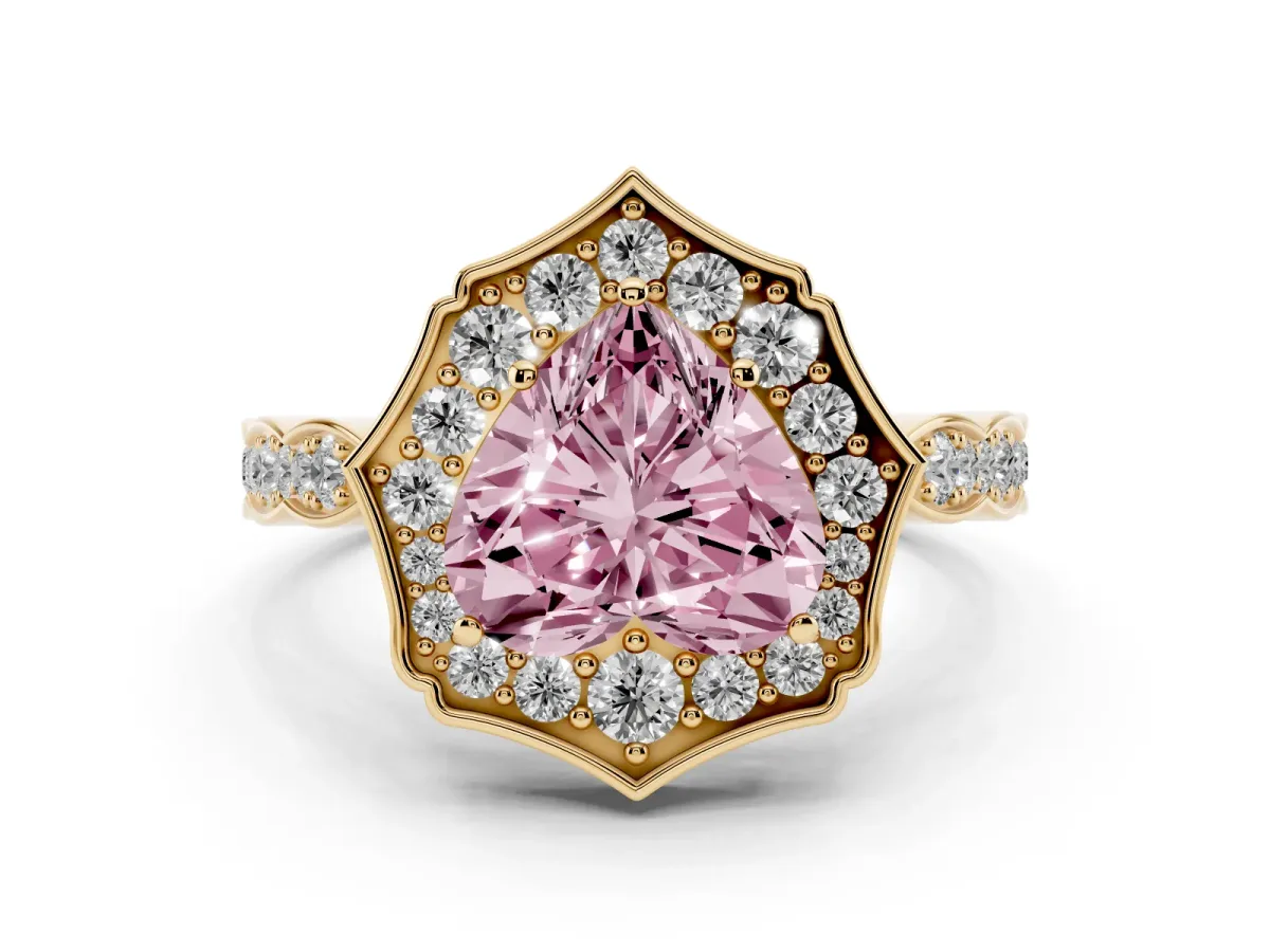 Fancy Pink Heart Cut Halo Diamond Engagement Ring with Milgrain Band and Four-Prong Setting Yellow gold