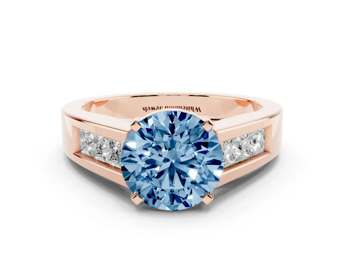 Fancy Blue Round Cut Cut Channel Set Solitaire Ring with Four-Prong Setting Rose gold