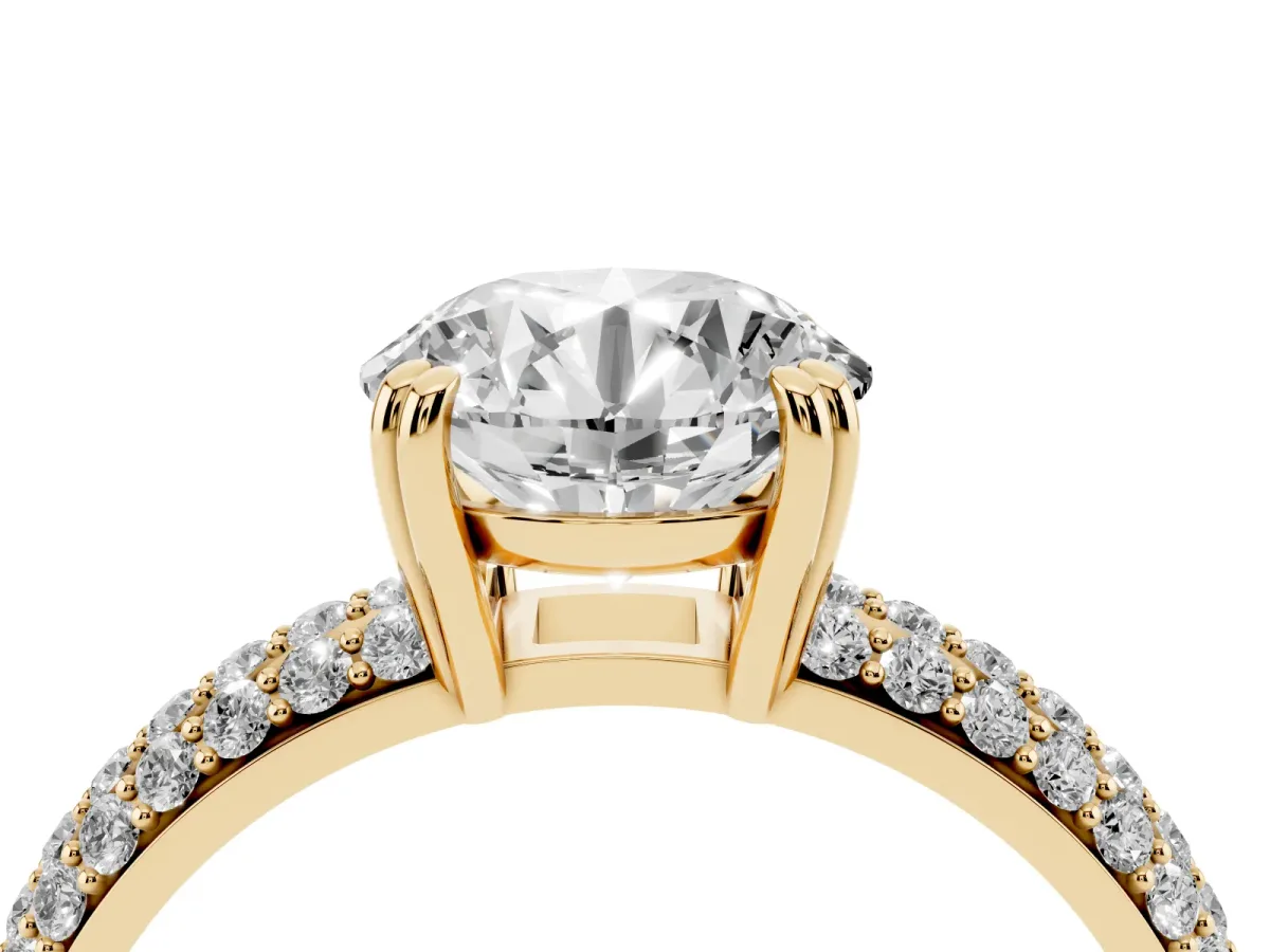 Round Cut Diamond Solitaire Ring with Multi-Row Round Pavé Band and Prong Setting Yellow gold
