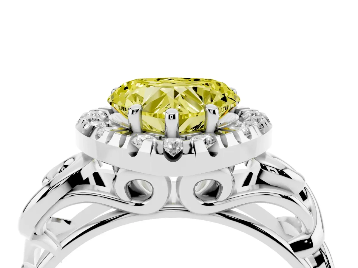 Fancy Yellow Heart Cut Cut Halo Diamond Ring with Scrollwork Band and Four-Prong Setting Silver