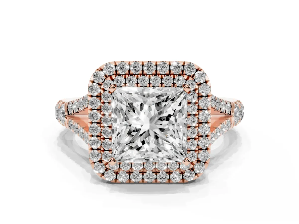 Princess Cut Cut Double Halo Split Shank Diamond Ring with Prong Setting Rose gold