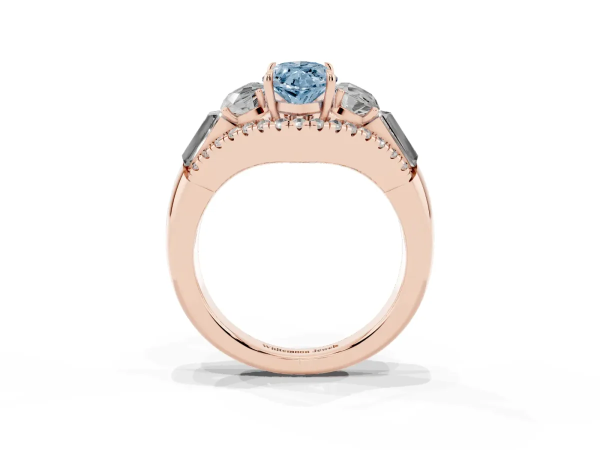 Fancy Blue Three-Stone Marquise Cut Diamond Engagement Ring with Pave Band and Prong Setting Rose gold