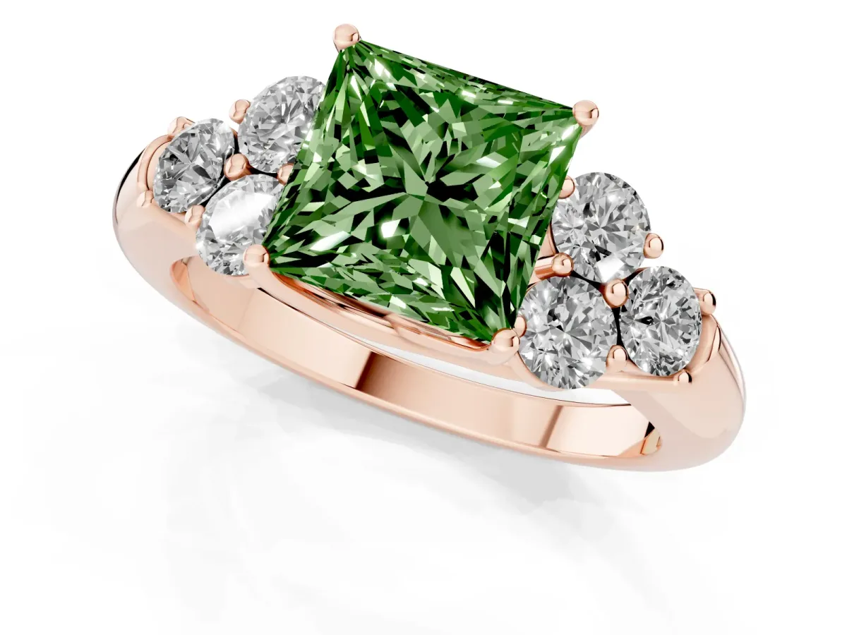 Fancy Green Princess Cut Cut Diamond Cluster Ring with Round Accent Stones and Prong Setting on a Classic Band Rose gold