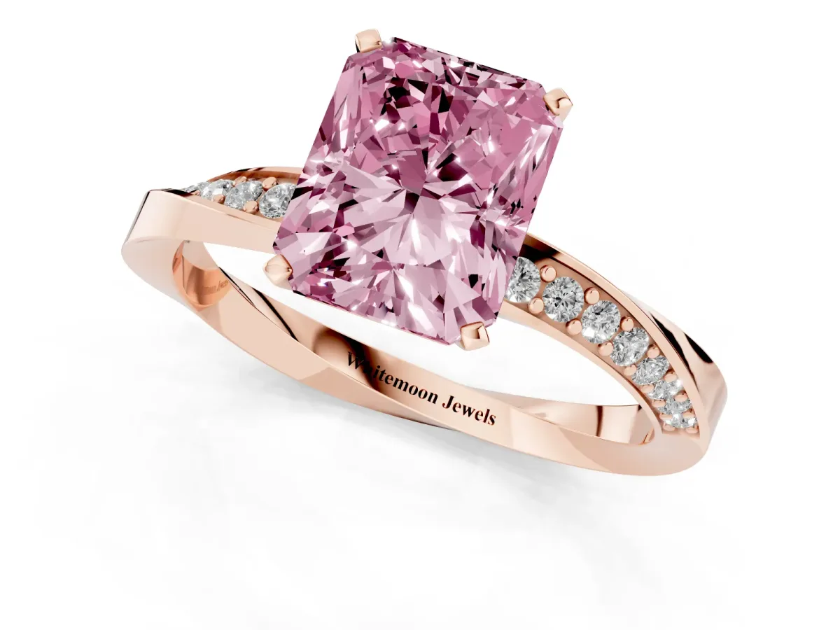 Fancy Pink Radiant Cut Diamond Engagement Ring with Side Stone Accents and Four-Prong Setting Rose gold