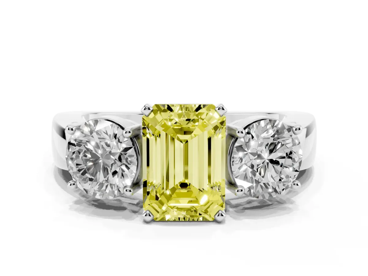 Fancy Yellow Three-Stone Emerald Cut Diamond Ring with Round Side Stones, Classic Band, and Four-Prong Setting Silver