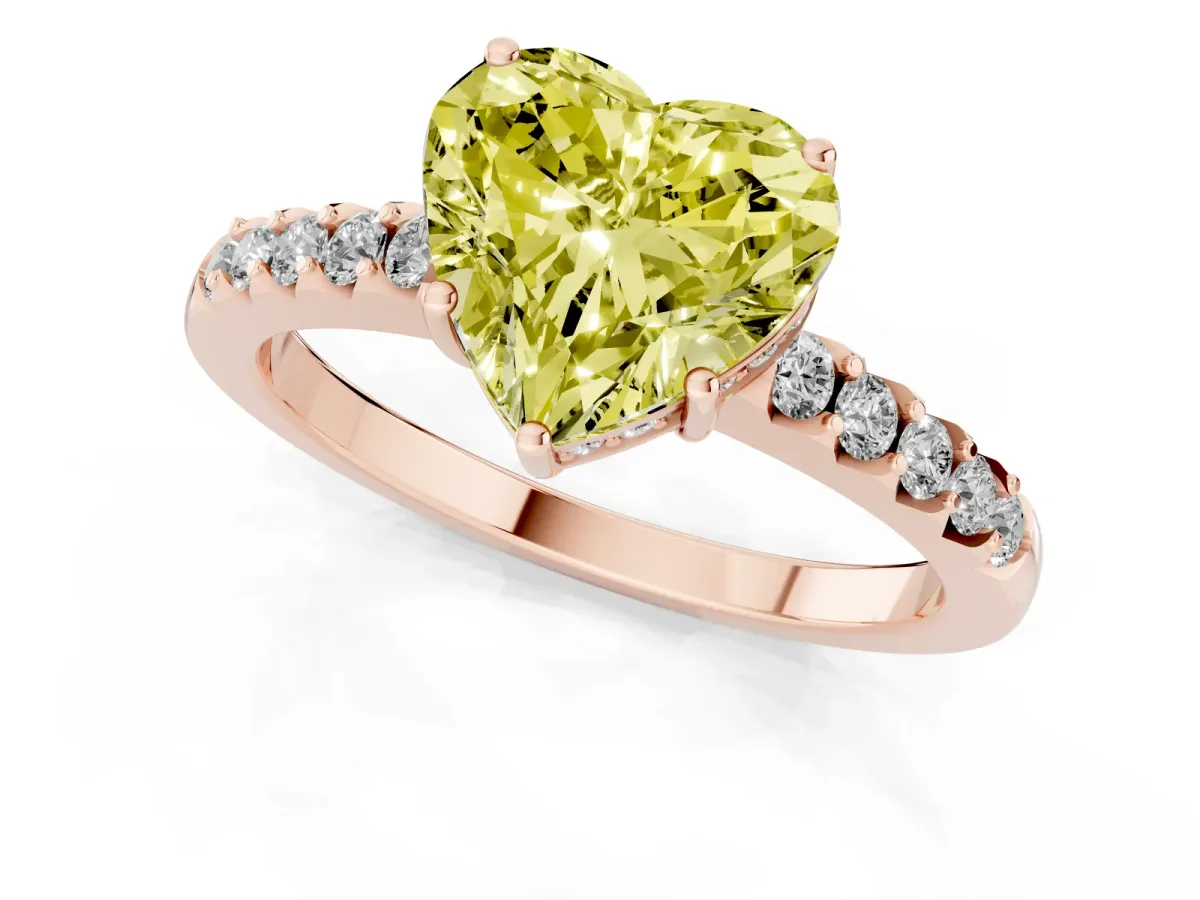 Fancy Yellow Heart Cut Solitaire Diamond Engagement Ring with Pavé Band and Six-Prong Setting Rose gold