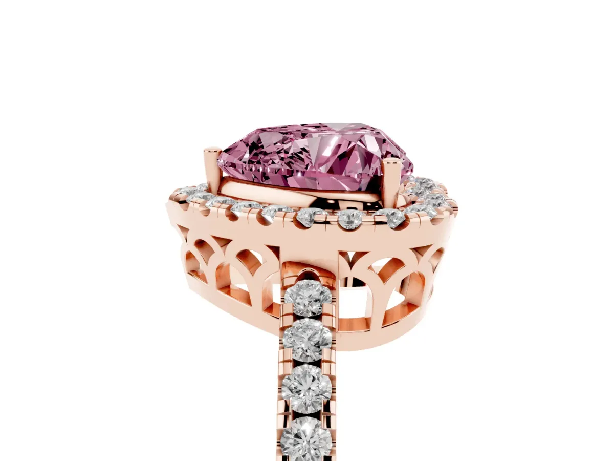 Fancy Pink Heart Cut Halo Diamond Engagement Ring with Pavé Band and Four-Prong Setting Rose gold