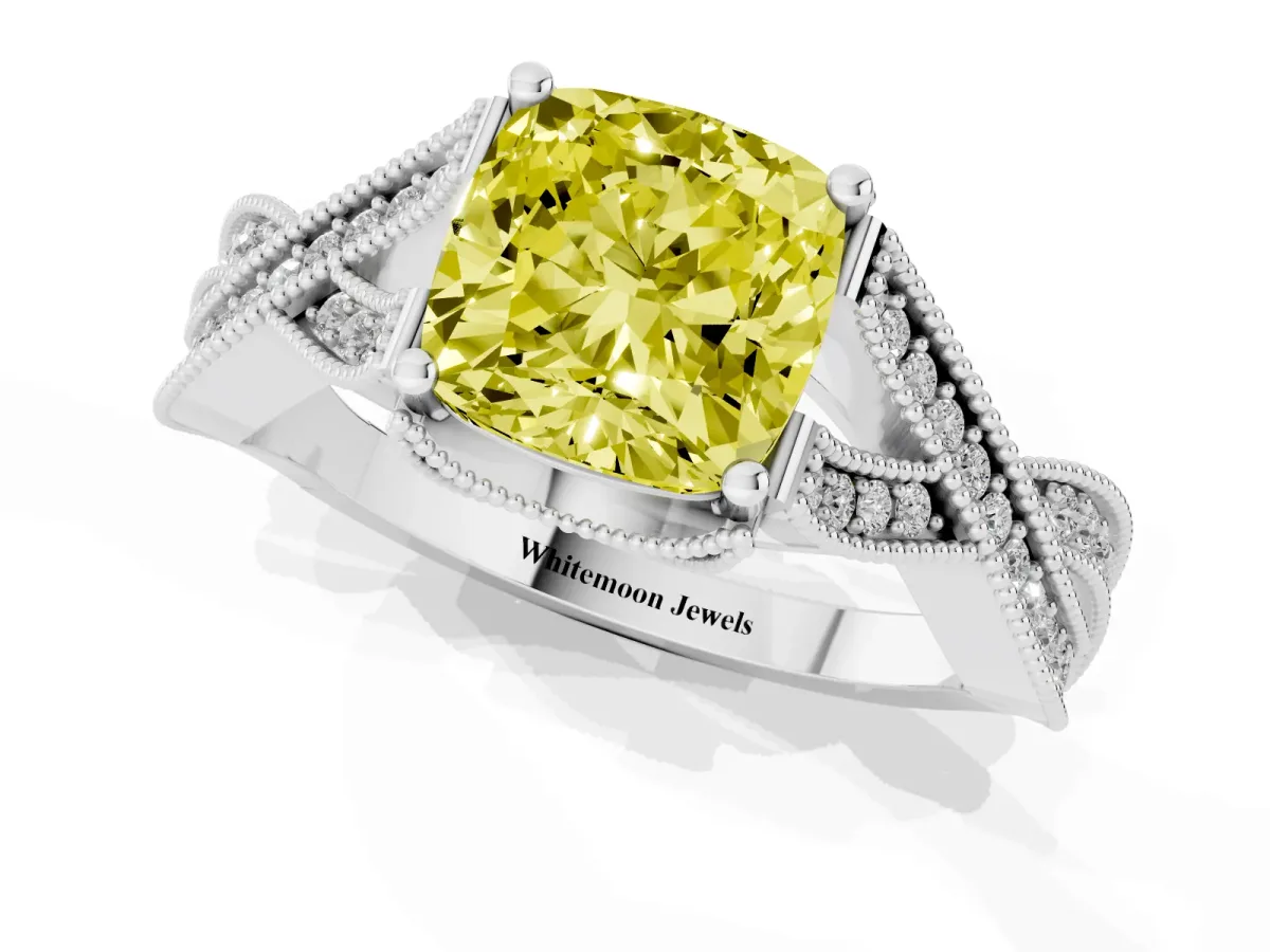 Fancy Yellow Cushion Cut Cut Diamond Twisted Band with Milgrain Pave Setting and Four-Prong Setting White gold