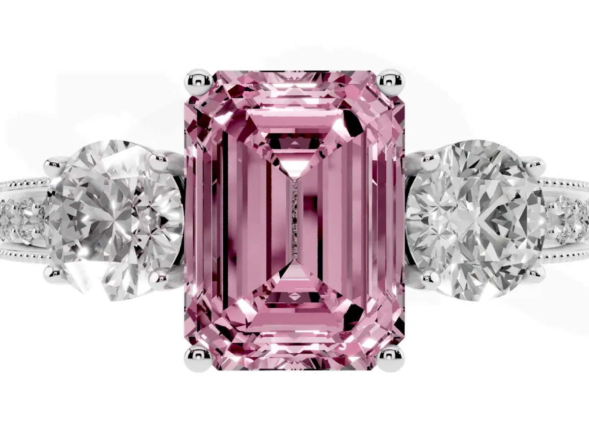 Fancy Pink Emerald Cut Three-Stone Diamond Ring with Pavé Band and Four-Prong Setting Platinum