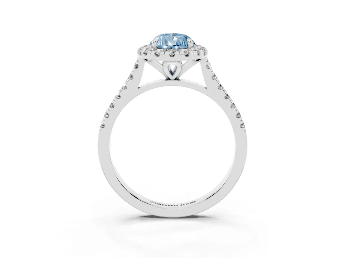 Fancy Blue Pear Cut Diamond Cushion Halo Ring with Pavé Band Silver