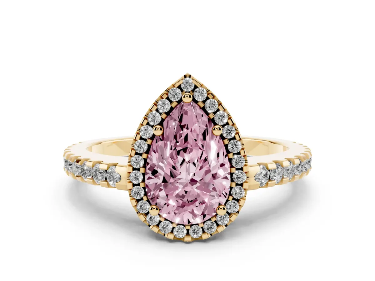Fancy Pink Pear Cut Diamond Halo Engagement Ring with Pavé Band and Prong Setting Yellow gold