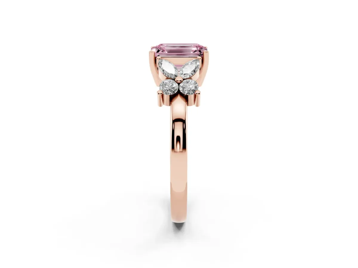 Fancy Pink Emerald Cut Diamond Floral Cluster Ring with Solitaire Band and Prong Setting Rose gold