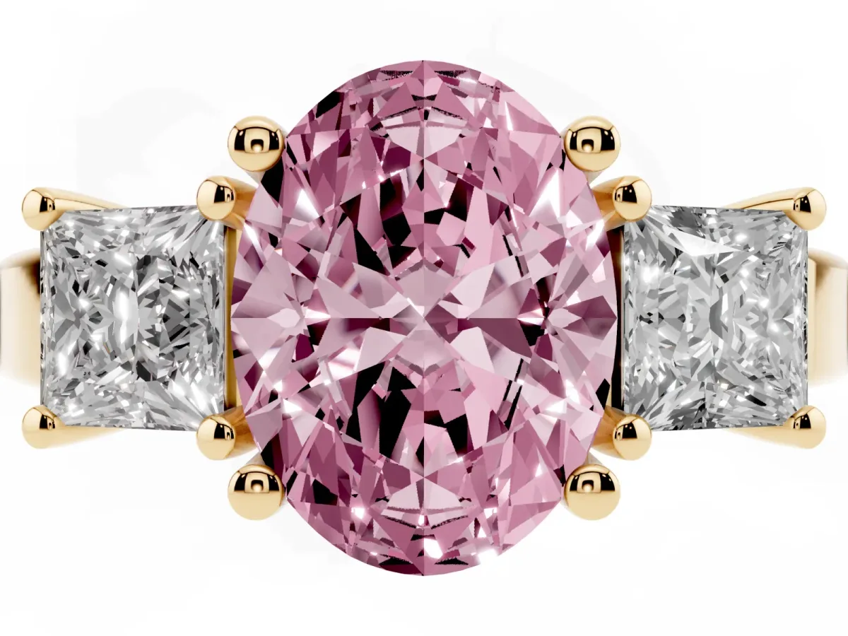 Fancy Pink Three-Stone Oval Cut Cut Solitaire Ring with Prong Setting Yellow gold