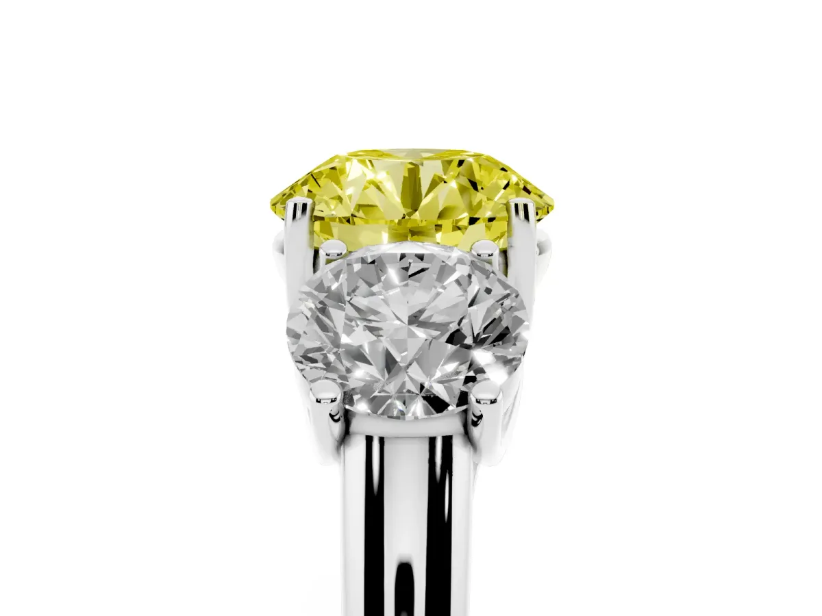 Fancy Yellow Three-Stone Round Cut Diamond Engagement Ring with Prong Setting Platinum