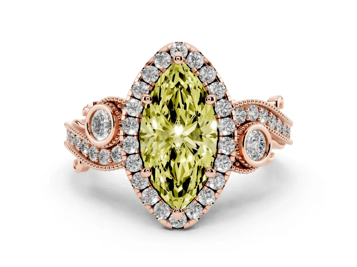 Fancy Yellow Marquise Cut Halo Diamond Ring with Milgrain and Bezel Accents on a Split Shank Band Rose gold