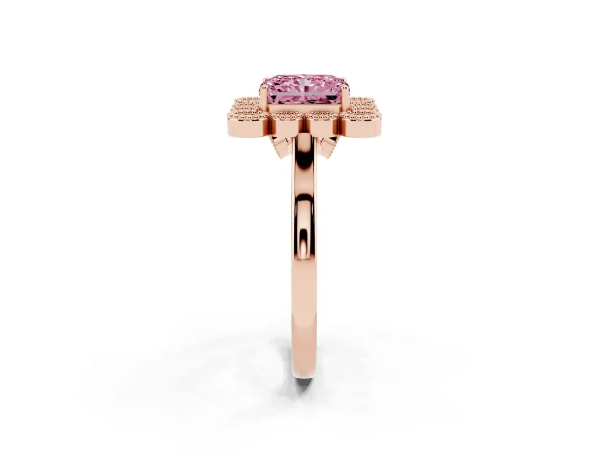 Fancy Pink Radiant Cut Halo Diamond Cluster Engagement Ring with Milgrain Bezel Setting and Solitaire Band Rose gold