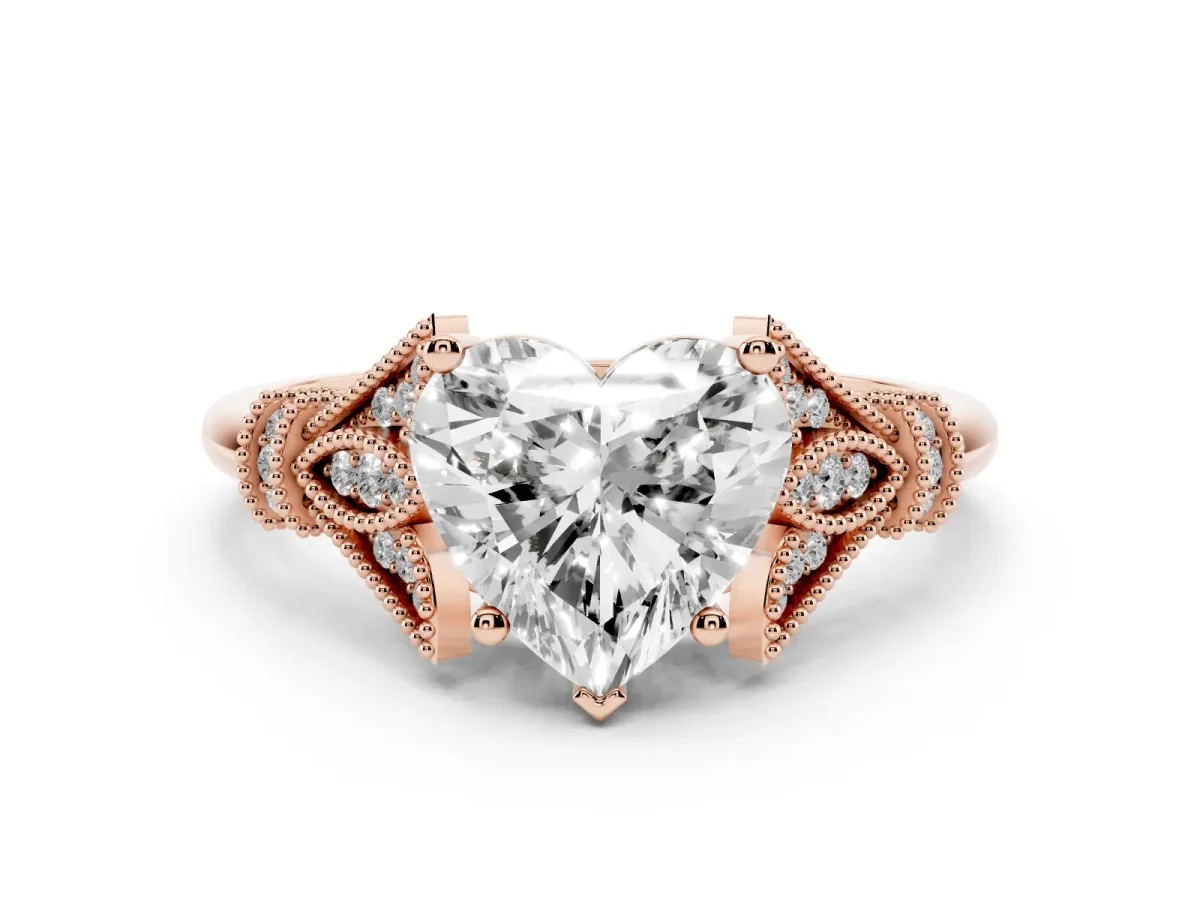 Heart Cut Diamond Solitaire Ring with Floral Filigree and Pave Accents Rose gold
