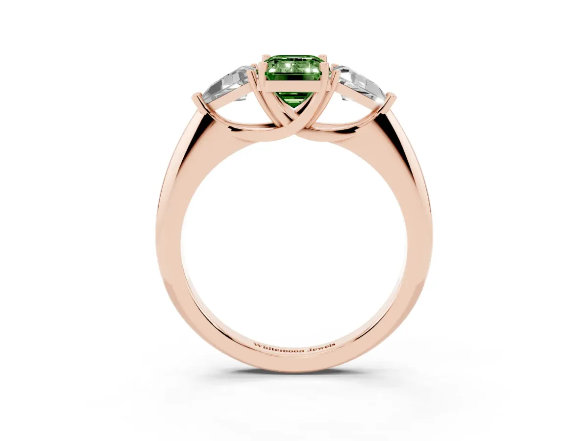 Fancy Green Three-Stone Emerald Cut Diamond Engagement Ring with Trillion Side Stones and Prong Setting Rose gold