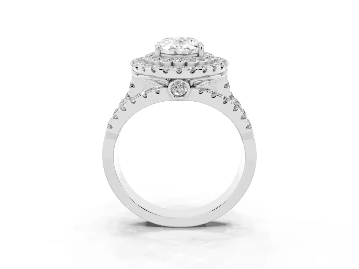 Oval Cut Diamond Double Halo Ring with Round Pavé Split Shank and Prong Setting Silver