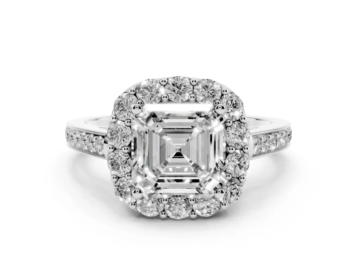 Asscher Cut Diamond Floral Halo Ring with Pavé Band and Prong Setting Platinum
