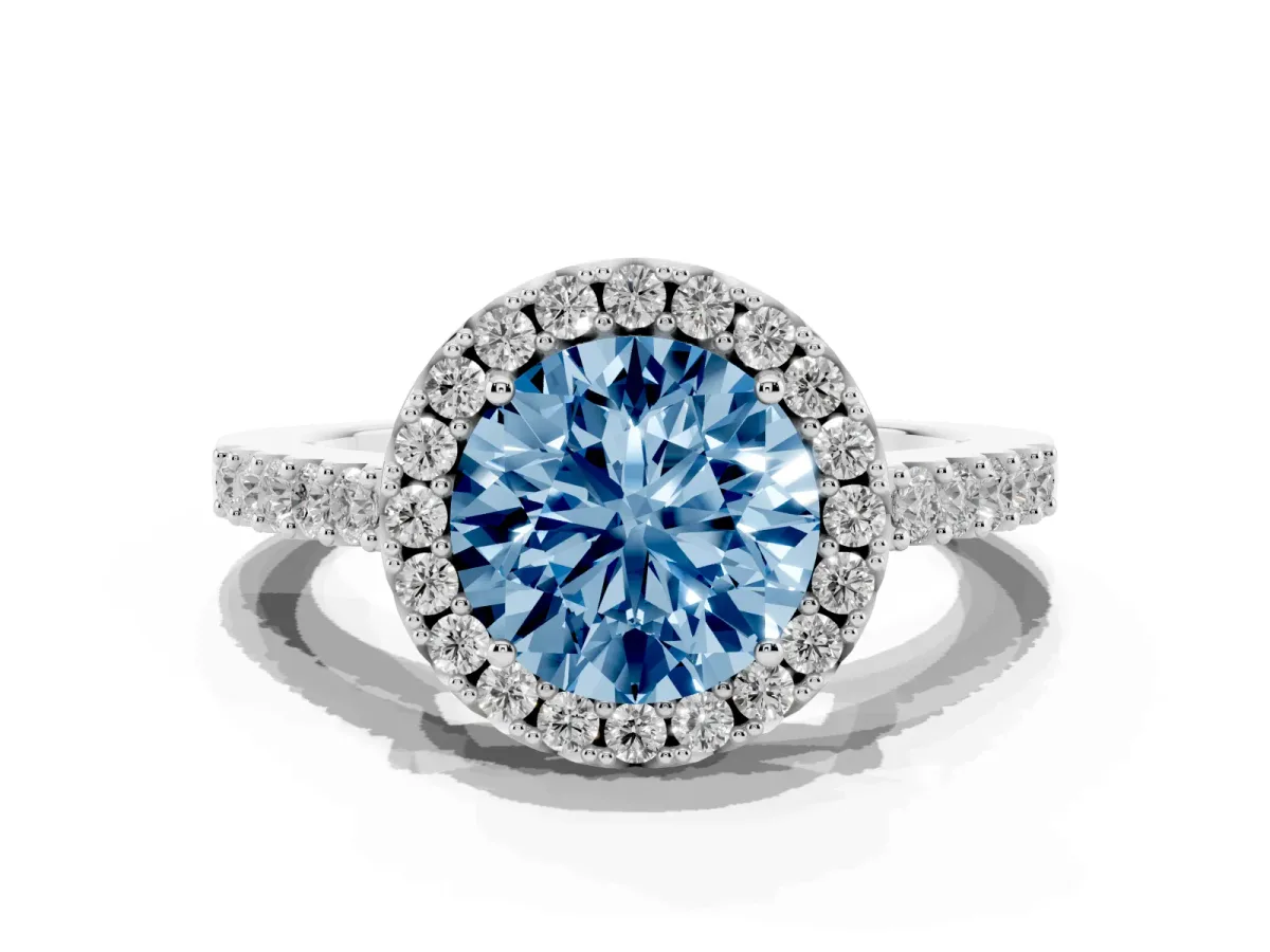 Fancy Blue Round Cut Halo Diamond Pavé Solitaire Ring Platinum