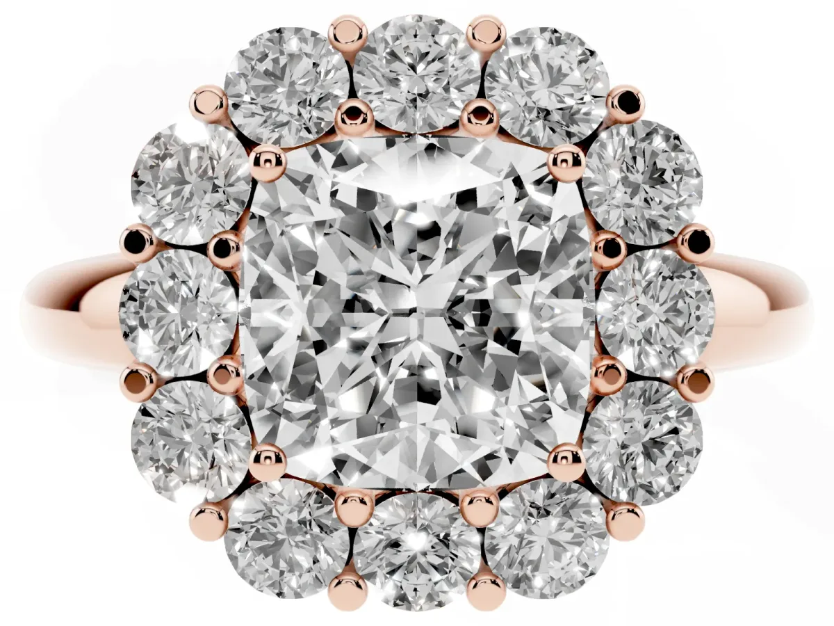 Cushion Cut Halo Cluster Diamond Engagement Ring with Prong Setting and Polished Band Rose gold