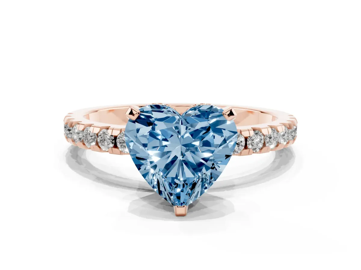 Fancy Blue Heart Cut Diamond Solitaire Ring with Round Pavé Band and Four-Prong Setting Rose gold