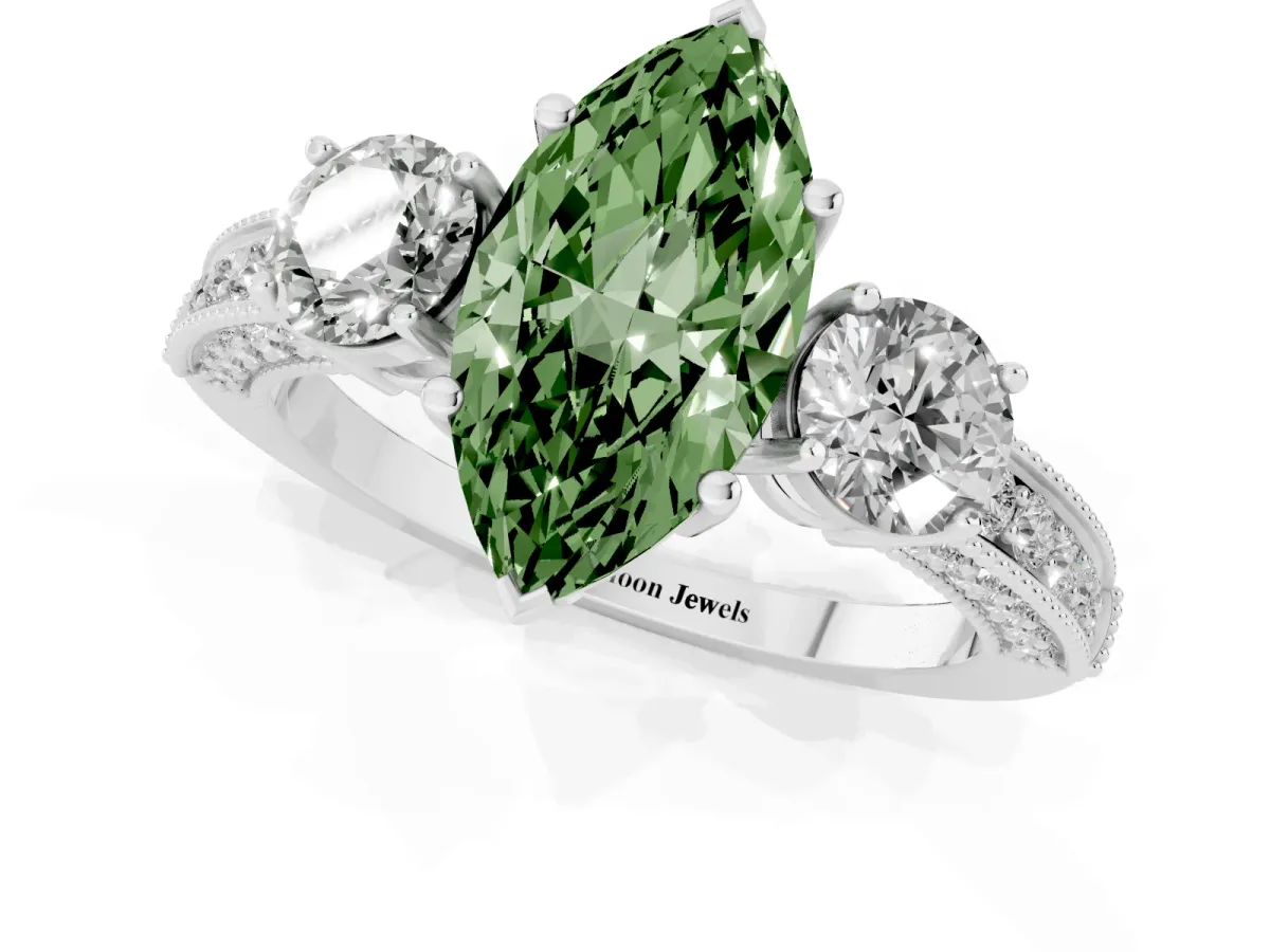 Fancy Green Marquise Cut Three-Stone Diamond Ring with Pavé Band and Four-Prong Setting Silver