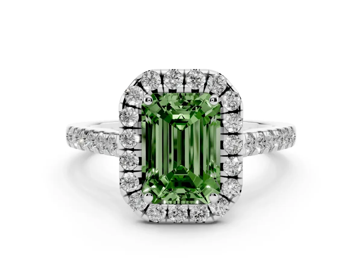 Fancy Green Emerald Cut Halo Pave Diamond Engagement Ring with Four-Prong Setting Silver