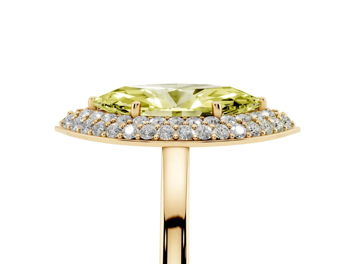 Fancy Yellow Marquise Cut Halo Diamond Engagement Ring with Solitaire Band and Four-Prong Setting Yellow gold