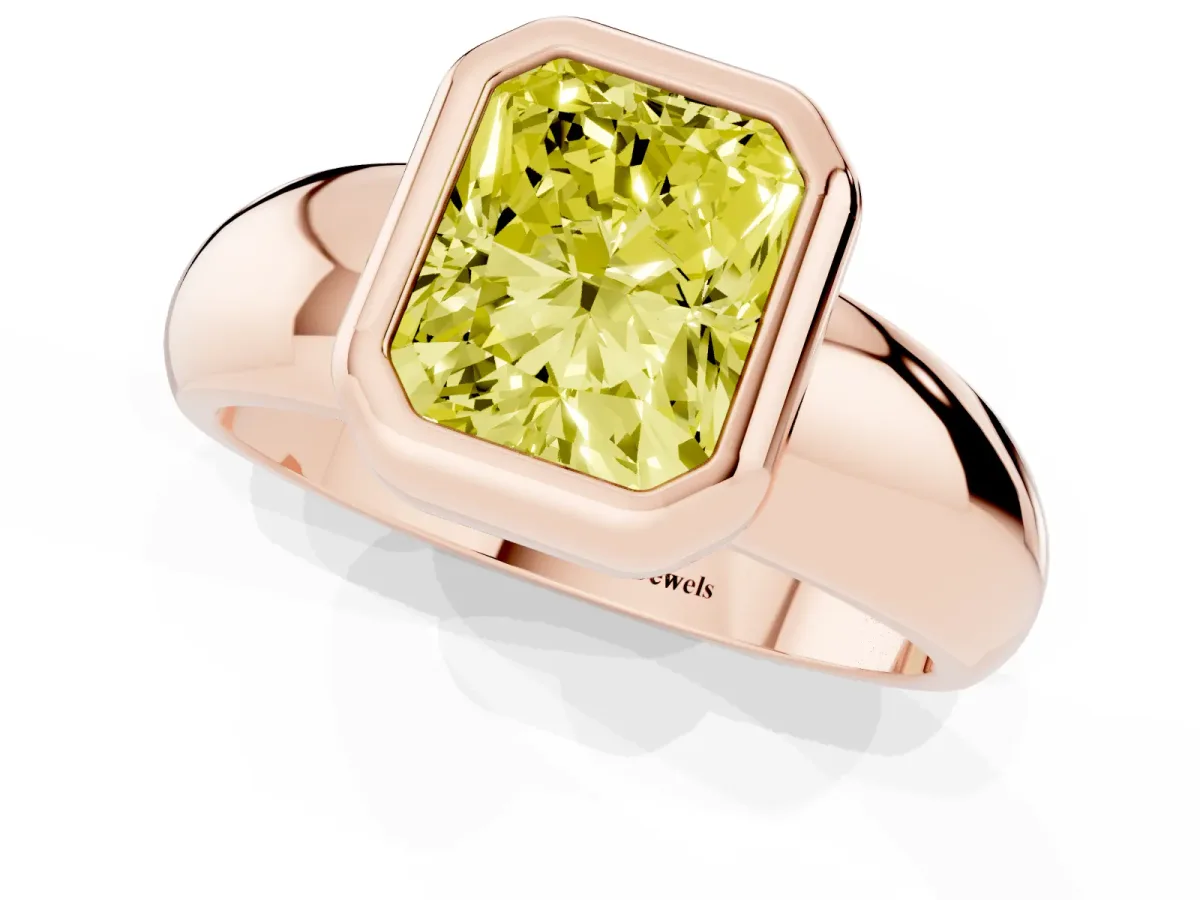 Fancy Yellow Bezel Set Radiant Cut Solitaire Ring with Wide Band Rose gold