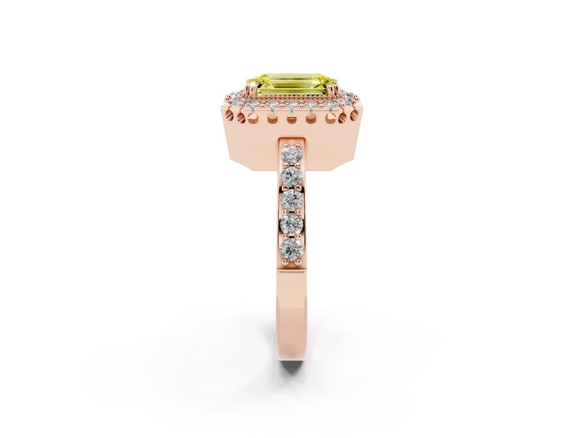 Fancy Yellow Emerald Cut Diamond Halo Ring with Pavé Band and Prong Setting Rose gold