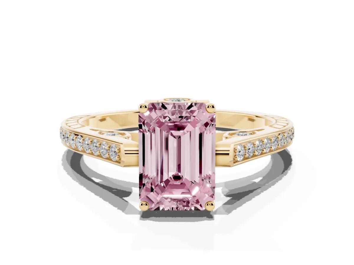 Fancy Pink Emerald Cut Cut Cathedral Pave Diamond Engagement Ring with Six-Prong Setting Yellow gold