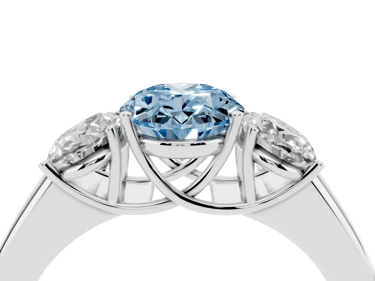 Fancy Blue Three-Stone Oval Cut Cut Diamond Ring with Prong Setting and Classic Band Silver