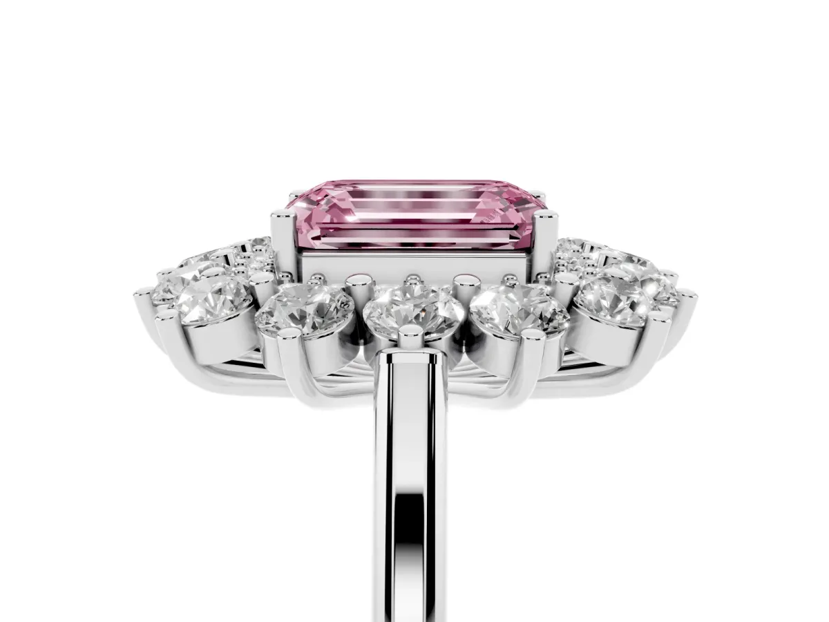 Fancy Pink Emerald Cut Diamond Floral Double Halo Engagement Ring with Prong Setting White gold