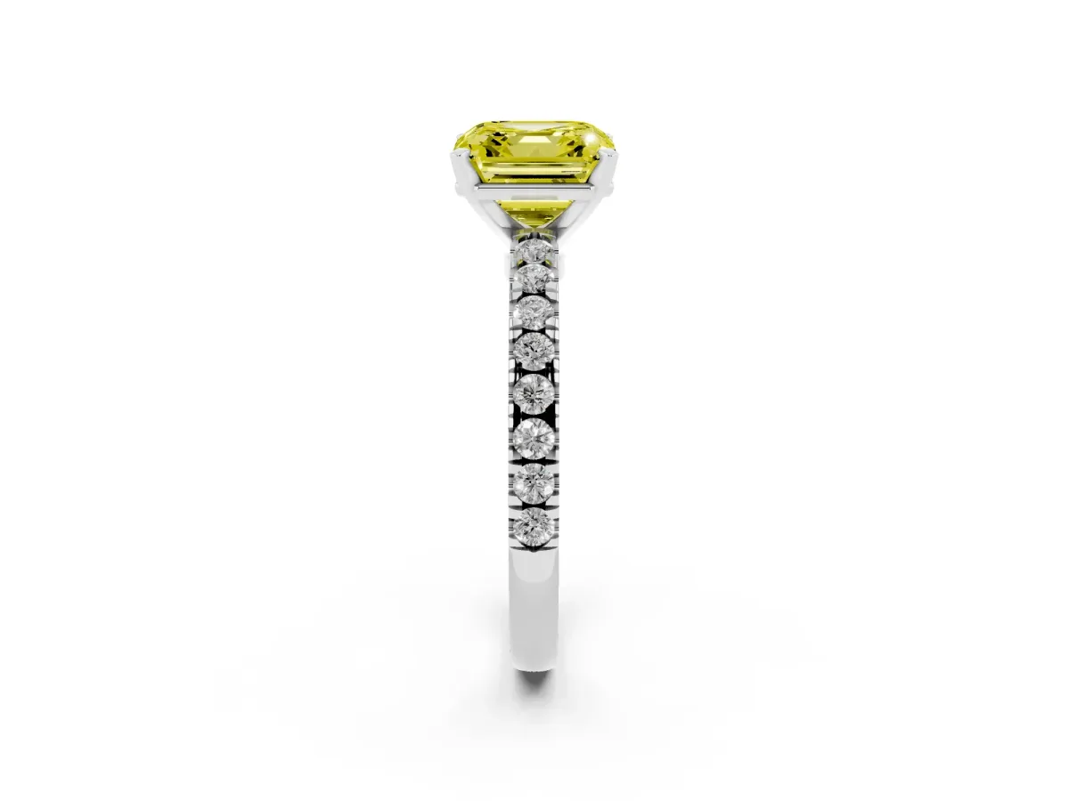 Fancy Yellow Asscher Cut Solitaire Diamond with Pavé Band and Four-Prong Setting Platinum