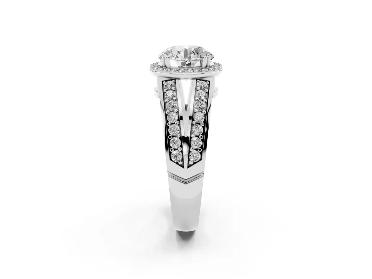 Round Cut Diamond Halo Ring with Split Shank Pavé Band and Four-Prong Setting Platinum