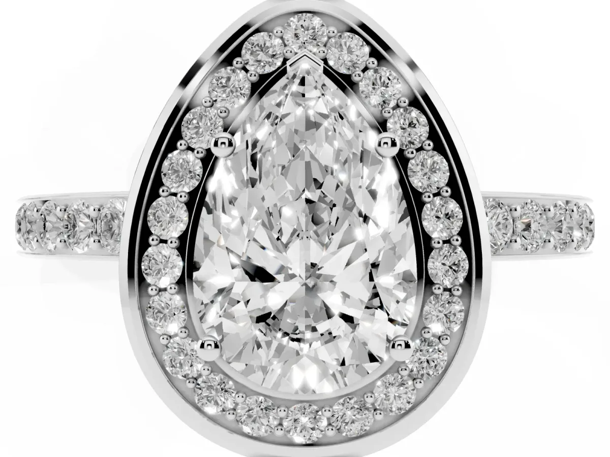 Pear Cut Diamond Halo Ring with Bezel Frame and Pavé Band Silver