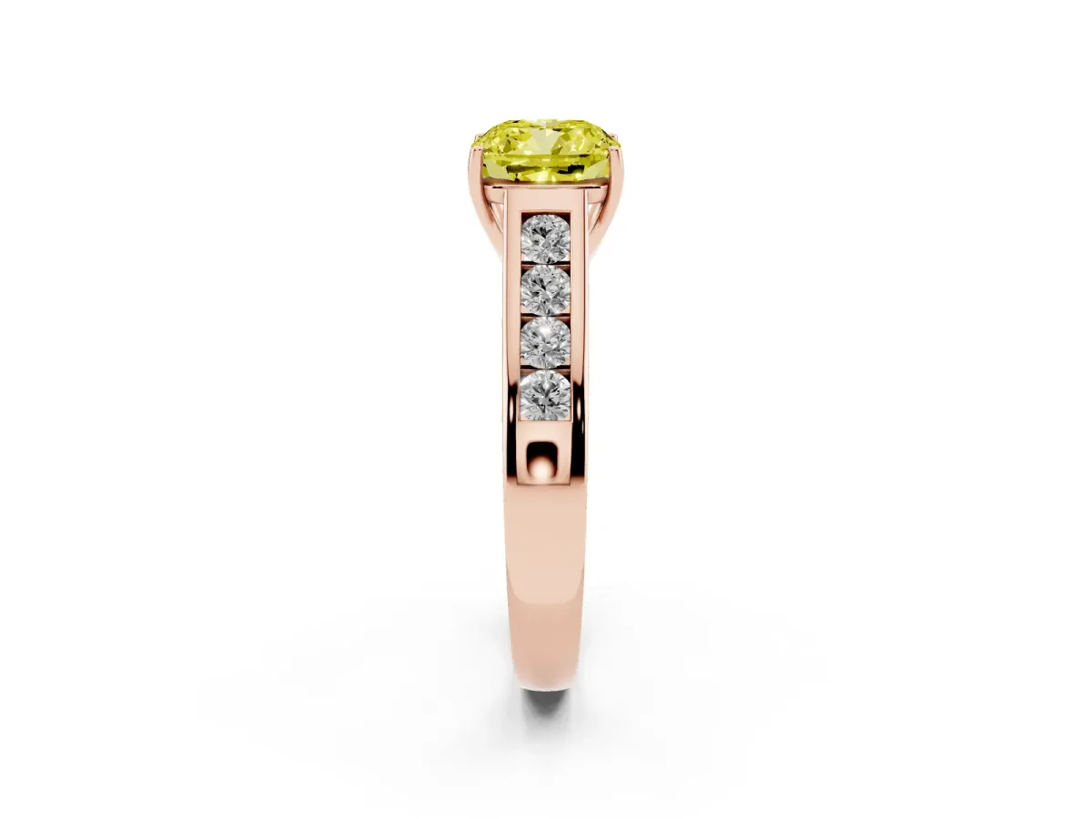 Fancy Yellow Cushion Cut Brilliant Channel-Set Solitaire Ring with Four-Prong Setting Rose gold