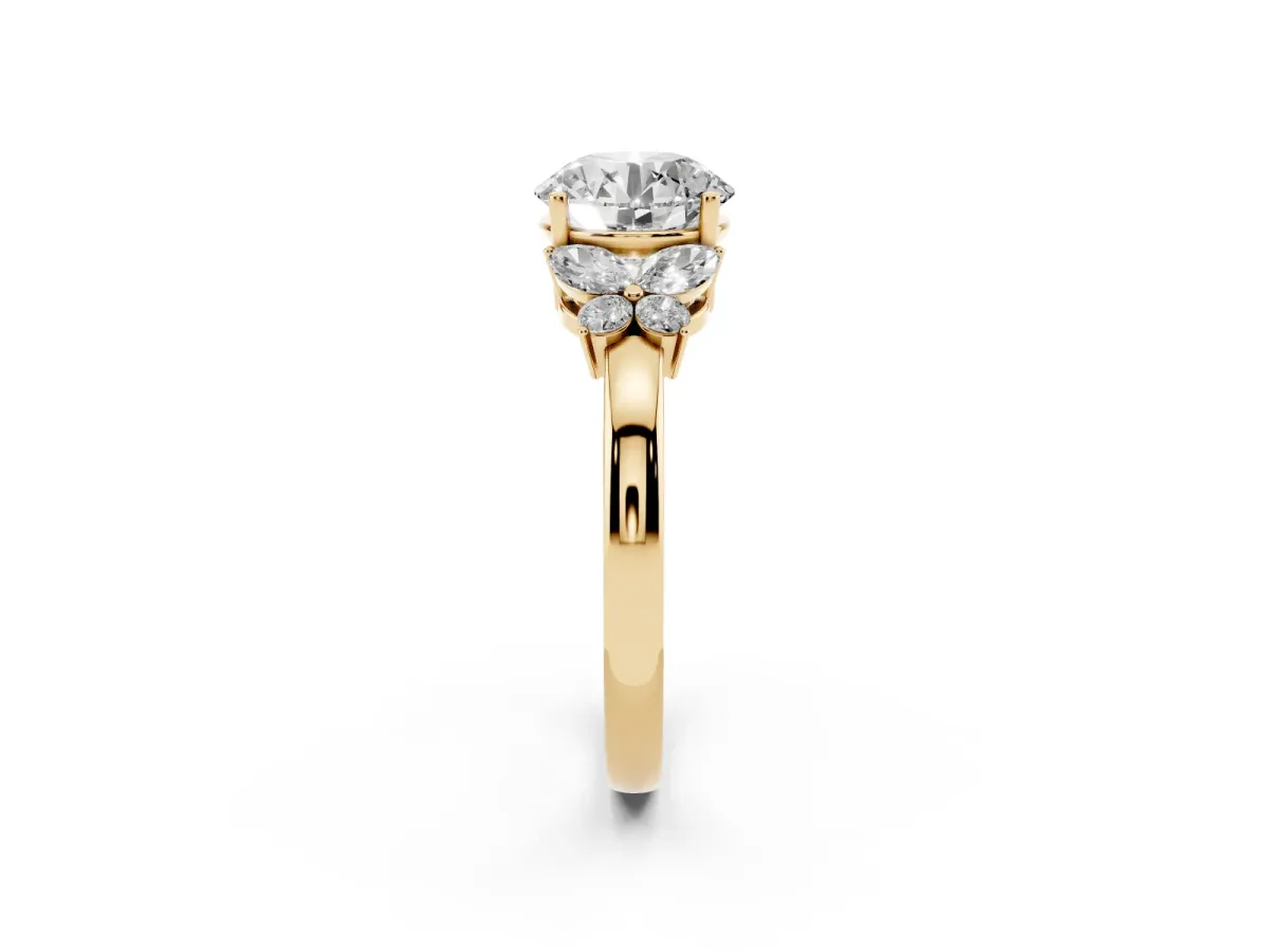 Round Cut Cut Solitaire Floral Diamond Ring with Four-Prong Setting Yellow gold