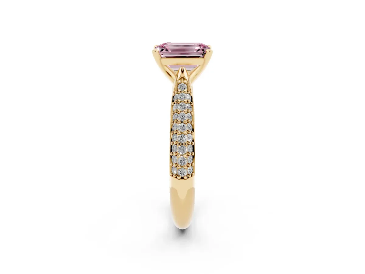 Fancy Pink Emerald Cut Diamond Solitaire Engagement Ring with Multi-Row Round Pavé Band and Prong Setting Yellow gold