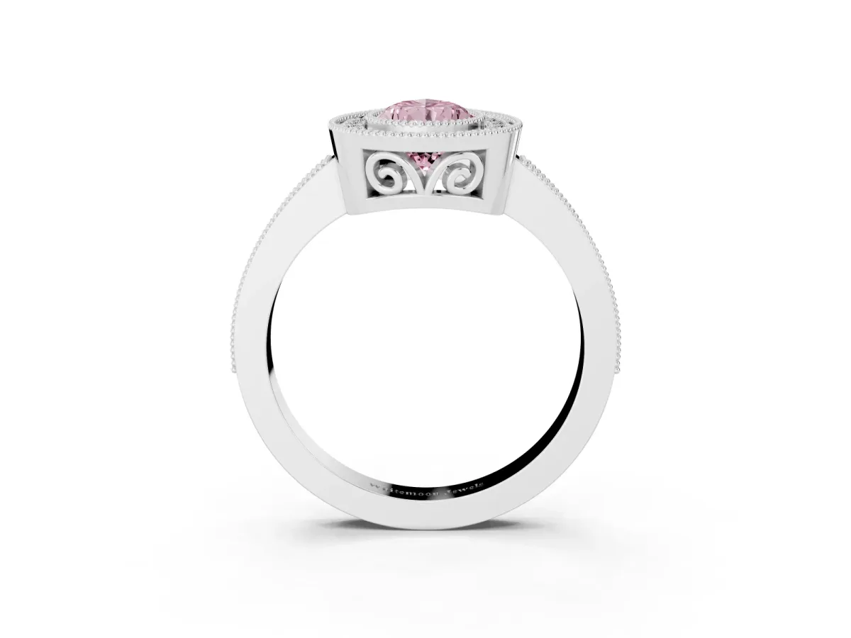 Fancy Pink Pear Cut Cut Halo Diamond Ring with Pavé Band and Milgrain Prong Setting Platinum