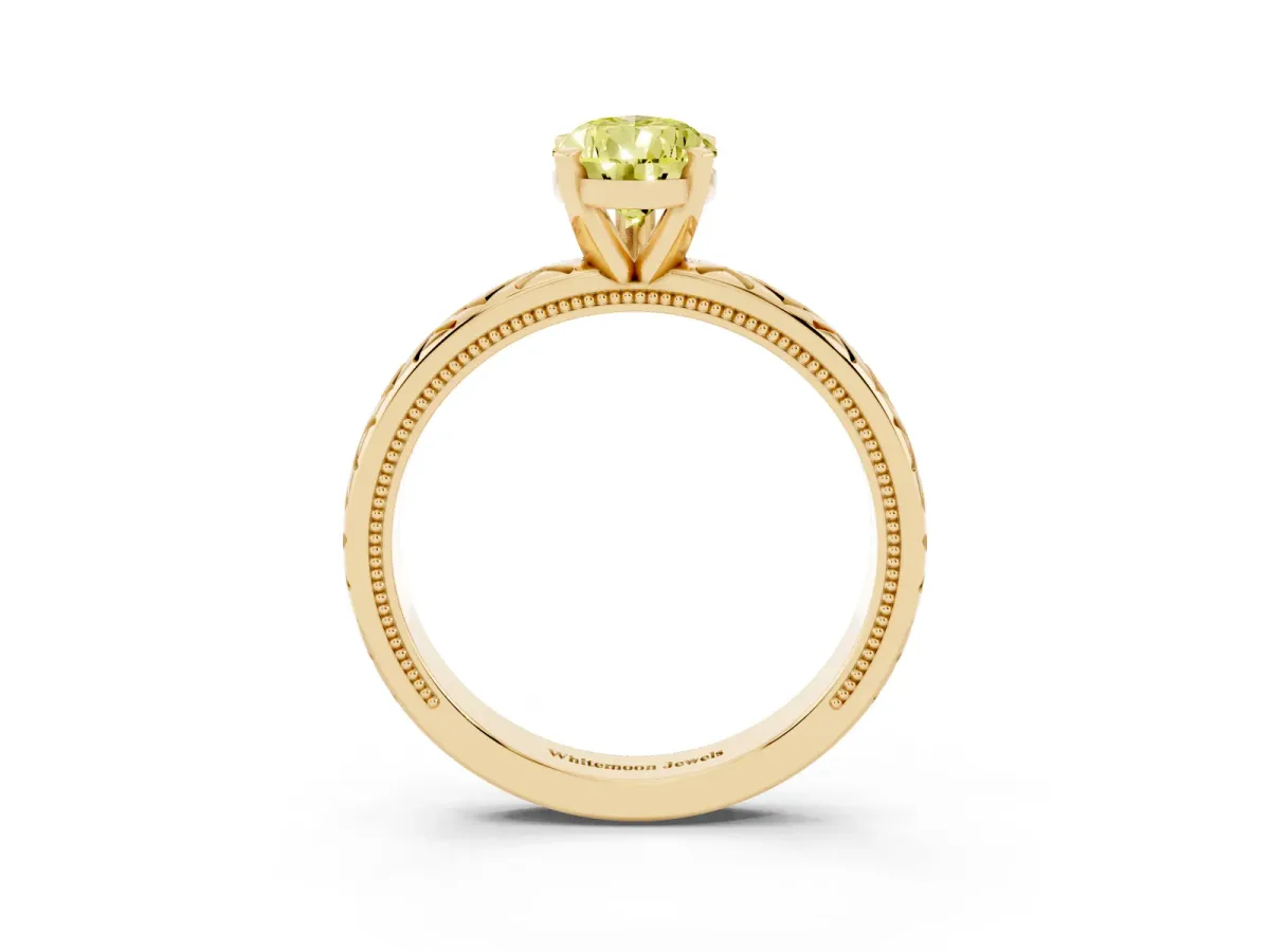 Fancy Yellow Pear Cut Solitaire Diamond Ring with Milgrain and Black Enamel X Pattern Band Yellow gold