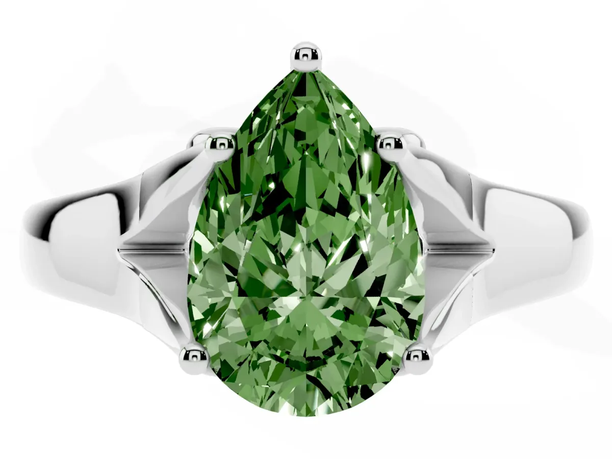 Fancy Green Pear Cut Solitaire Diamond Ring with Cathedral Band and Four-Prong Setting Silver