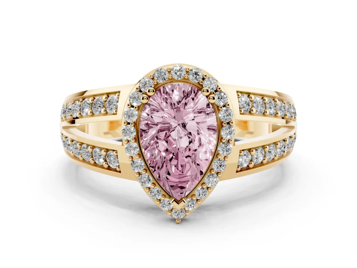 Fancy Pink Pear Cut Diamond Halo Ring with Split Shank Pavé Band and Four-Prong Setting Yellow gold