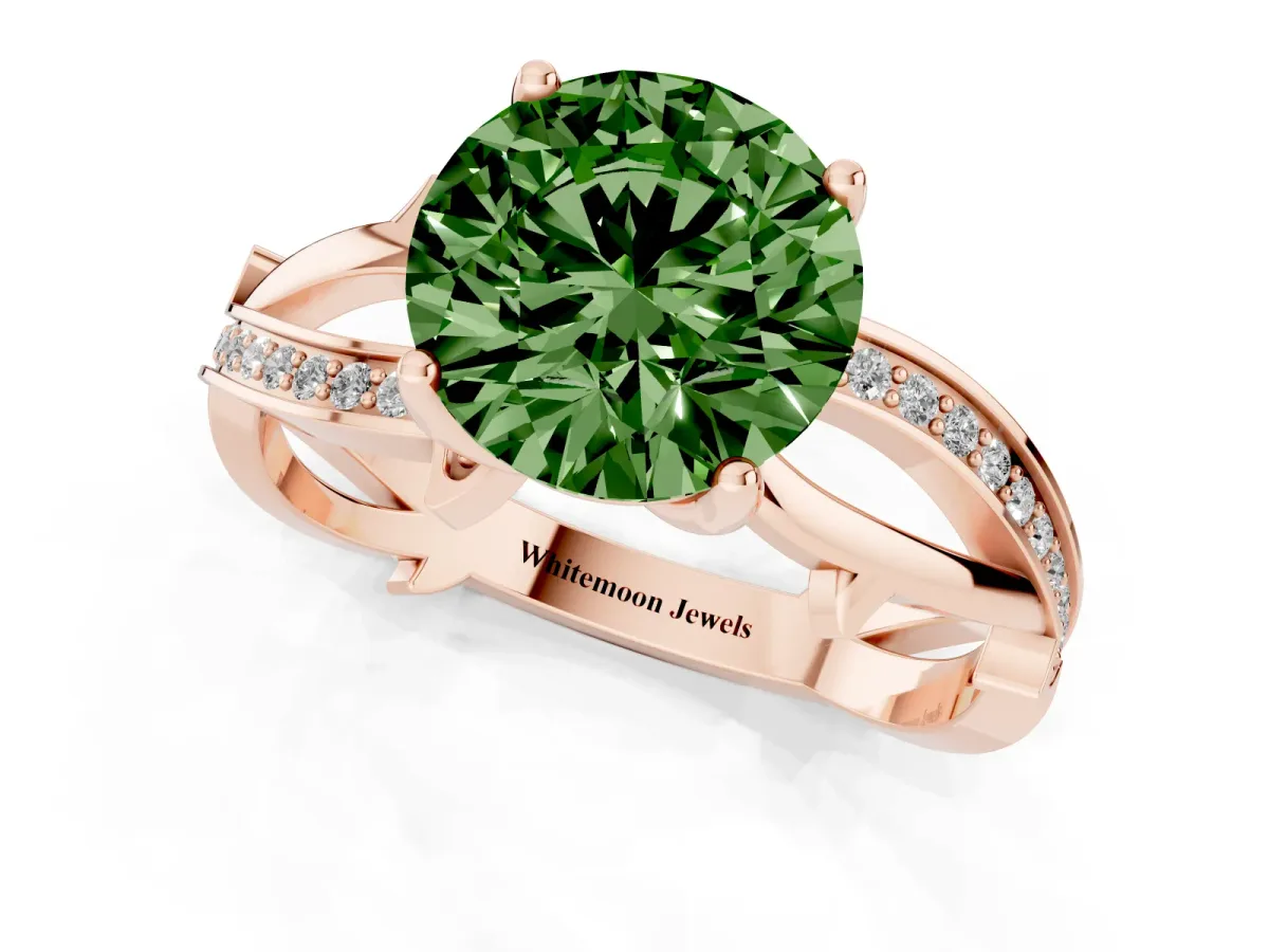 Fancy Green Round Cut Solitaire Twist Band with Pavé Accents and Four-Prong Setting Rose gold
